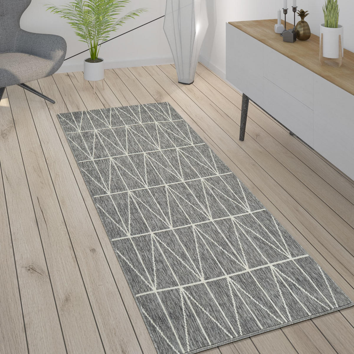 TEPPICH Outdoor Geometrisch Balkon, Terrasse schmutzabweisend Grau Rechteckig 80x150 - Grau, Textil (80/150cm) - KADIMA DESIGN