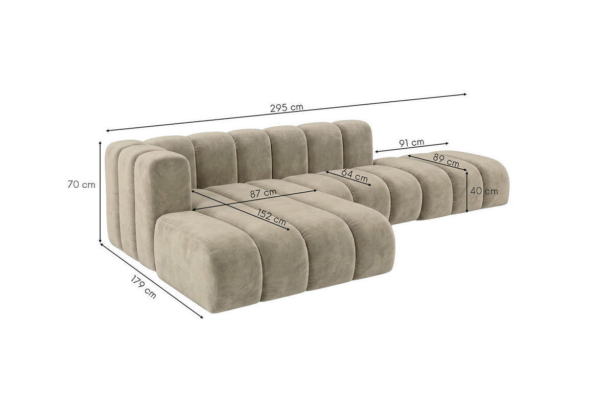 ECKSOFA Modulares In L-Form Mit Hocker, Velvet-Stoff Riviera, Beige, Links, GRAND Mini - Beige, Holz (295/179cm) - Kaiser Möbel