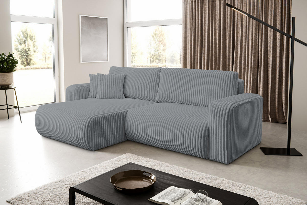 ECKSOFA Tilly, Eckcouch in L-Form mit Schlaffunktion und Bettkasten, Farbe: Grau, Cordstoff, Ottomane Universal - Grau, Textil (244/142cm) - VENASI MÖBEL