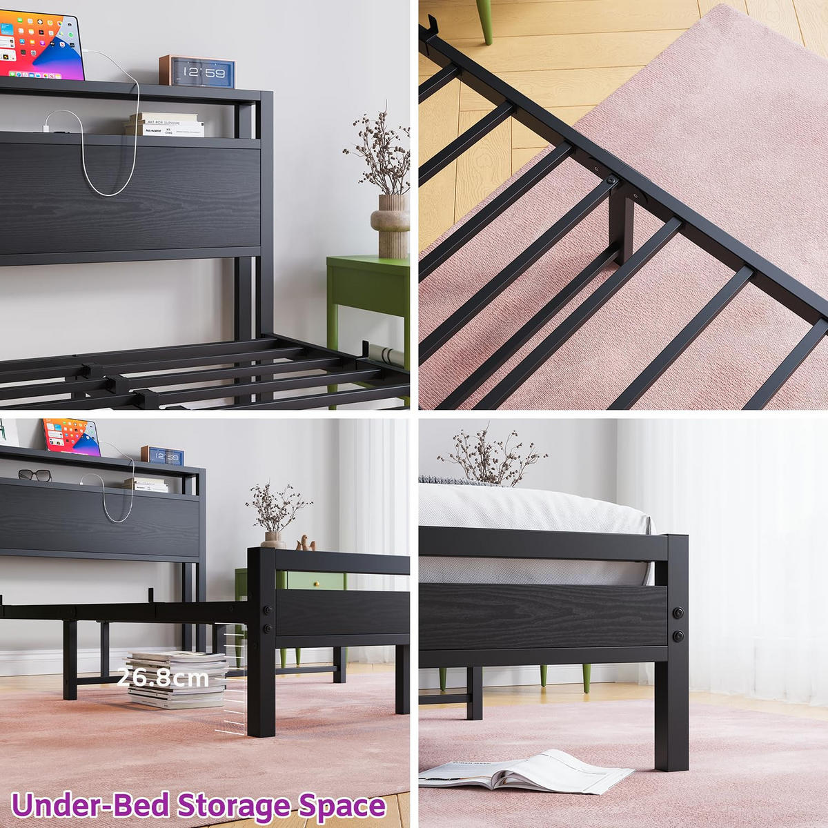BETT 140/200 cm DE-33031 mit USB und LED-Beleuchtung Schwarz - Schwarz, Metall (140/200cm) - ComfortXL