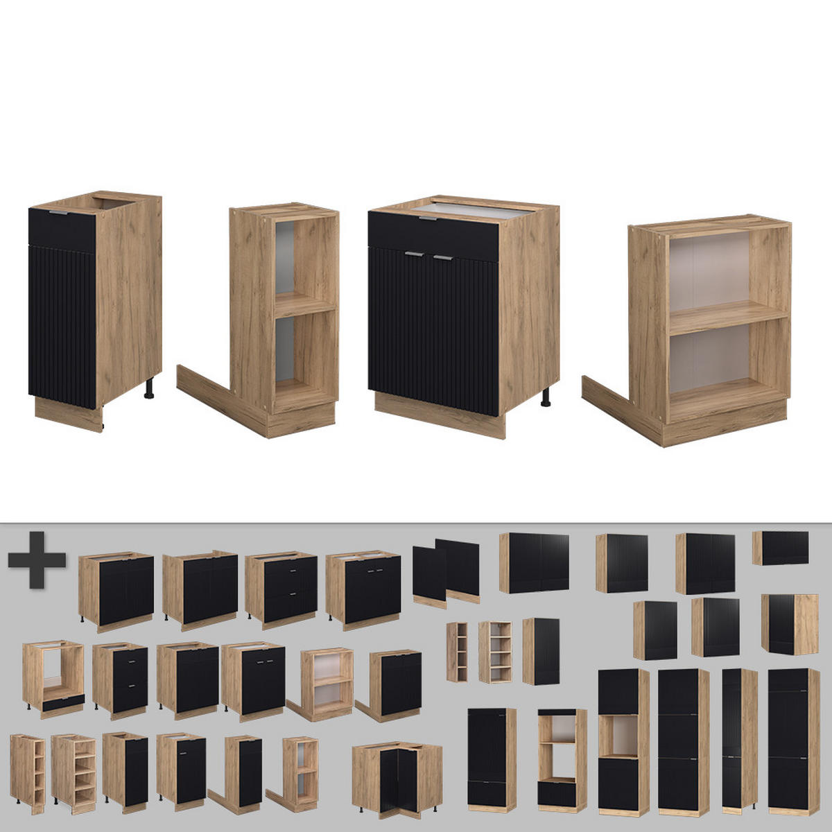 KÜCHENINSEL Fame-Line, Schwarz gestreift, 90 cm mit Schublade, ohne Arbeitsplatte - Honigeiche/Schwarz, Holzwerkstoff (90/82/60cm) - Vicco