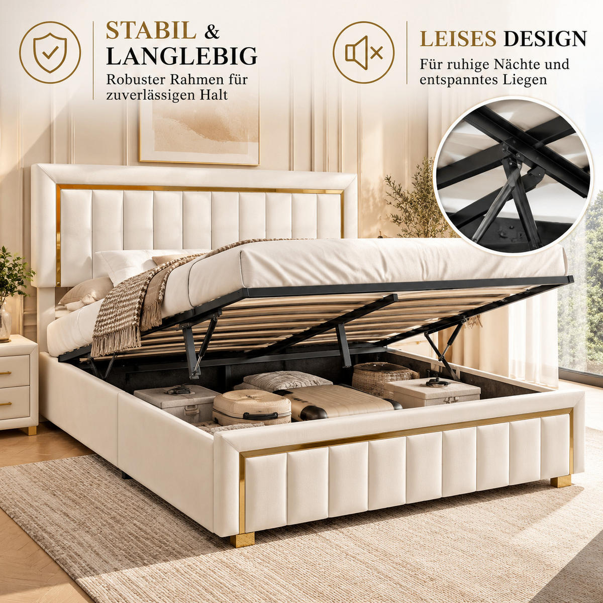 POLSTERBETT 160/200 cm, Cremeweiß, mit hydraulischem Stauraum, Lattenrost - Beige/Naturfarben, Holz/Metall (160/200cm) - FURNISHINGS HOME