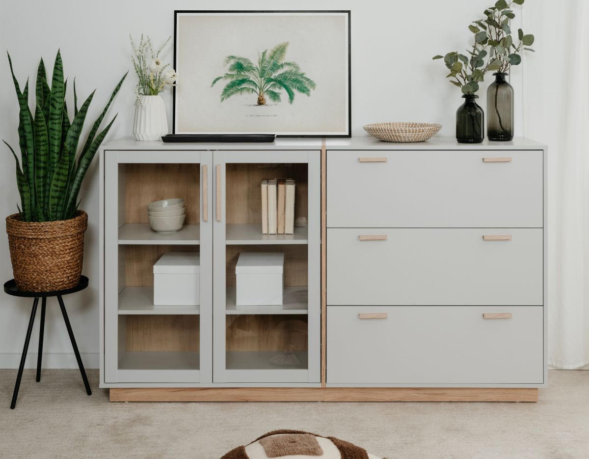 SIDEBOARD grau, Hickory Walnuss 163 cm, Kommode mit Glastüren - Walnussfarben/Grau, Glas/Holzwerkstoff (162.5/94/40cm) - Furn.Design
