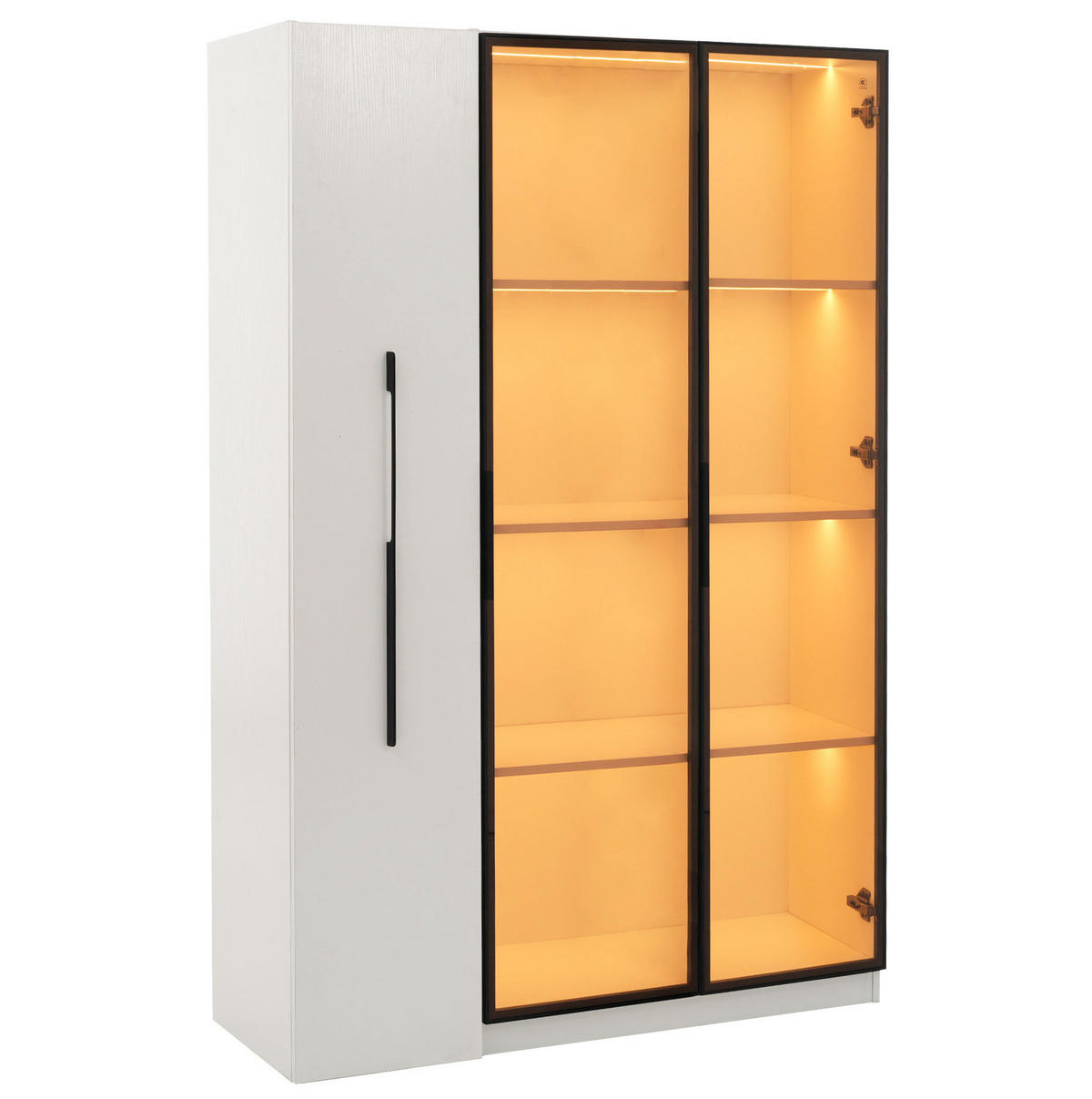 VITRÍNA z MDF 110,5x35x160 cm bílá s LED osvětlením, bočním výsuvem a tónovaným sklem - bílá, kompozitní dřevo (110.5/160/35cm) - Modfu