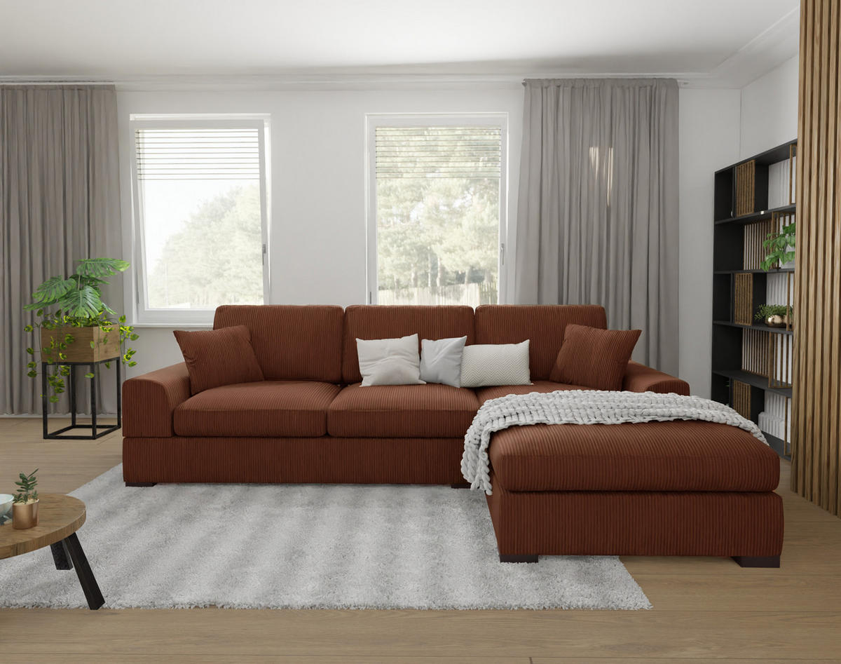 ECKSOFA Saga Terrakotta Cord - Terracotta/Schwarz, Holz/Buchenholz (306/184cm) - S-Style Möbel