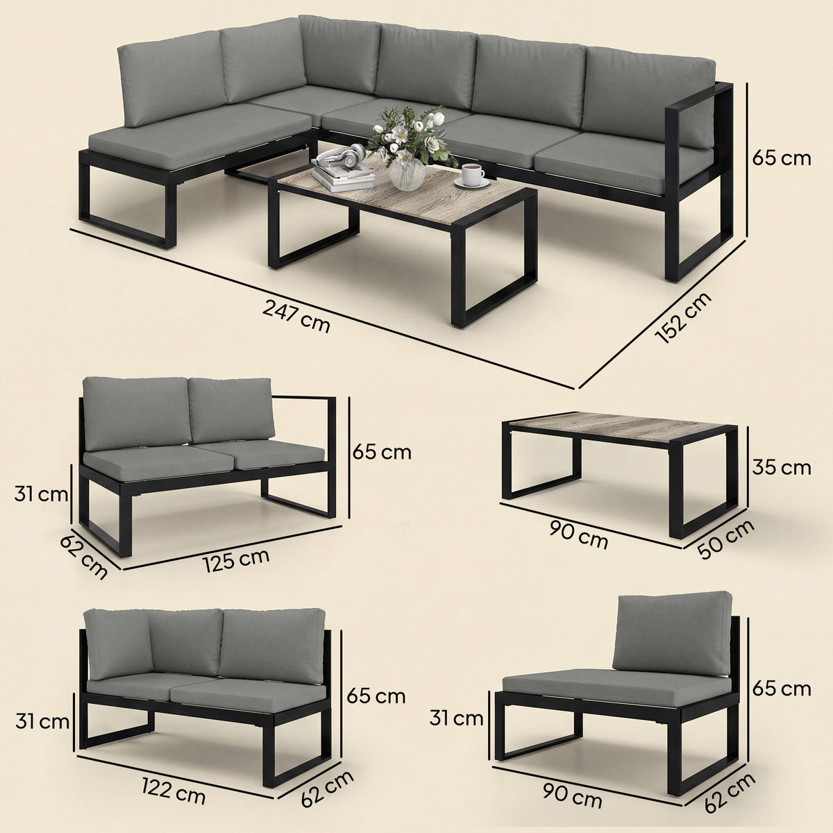 LOUNGEGARNITUR DE-13520 5 Personen, 2 Sofas, mit Tisch Dunkelgrau - Dunkelgrau, Metall - ComfortXL