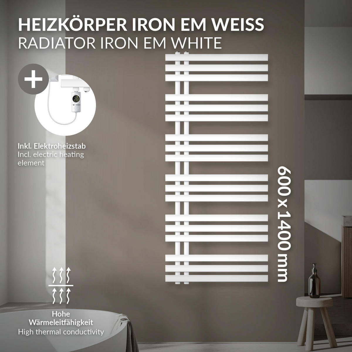 BADHEIZKÖRPER elektrisch IRON EM 600x1400 mm Weiß mit Heizstab 1200W Digital - Weiß, Metall (60/140/3cm) - LuxeBath