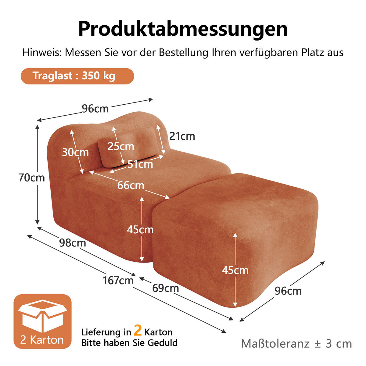 XXL-SESSEL Rahmenlos modular mit Ottoman, DE-42655, Orange - Orange, Textil (96/70/167cm) - ComfortXL