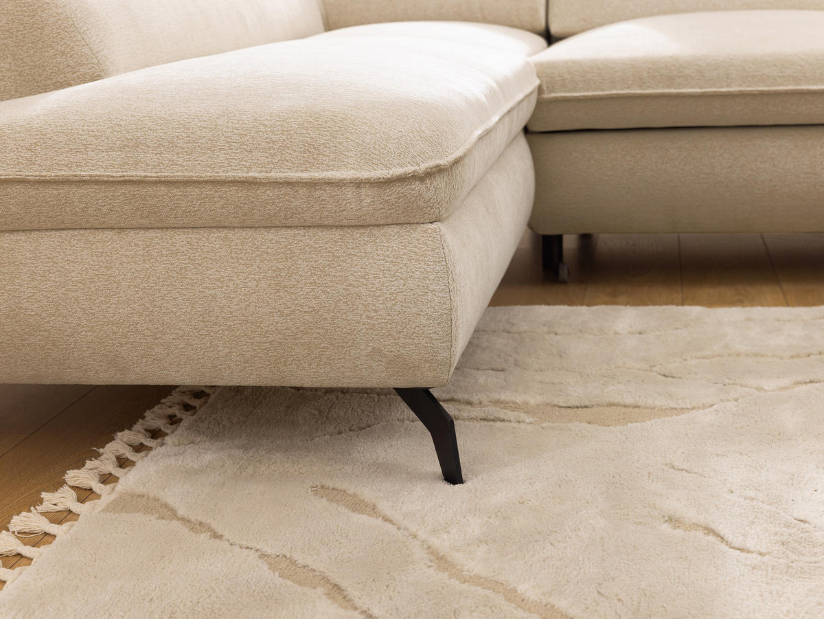 ECKSOFA mit Schlaffunktion und Bettkasten Bonnie aus Taupe Chenille-Stoff mit verstellbaren Kopfstützen und Armlehne - Ottomane links - Taupe/Schwarz, Holz/Textil (275/210cm) - S-Style Möbel