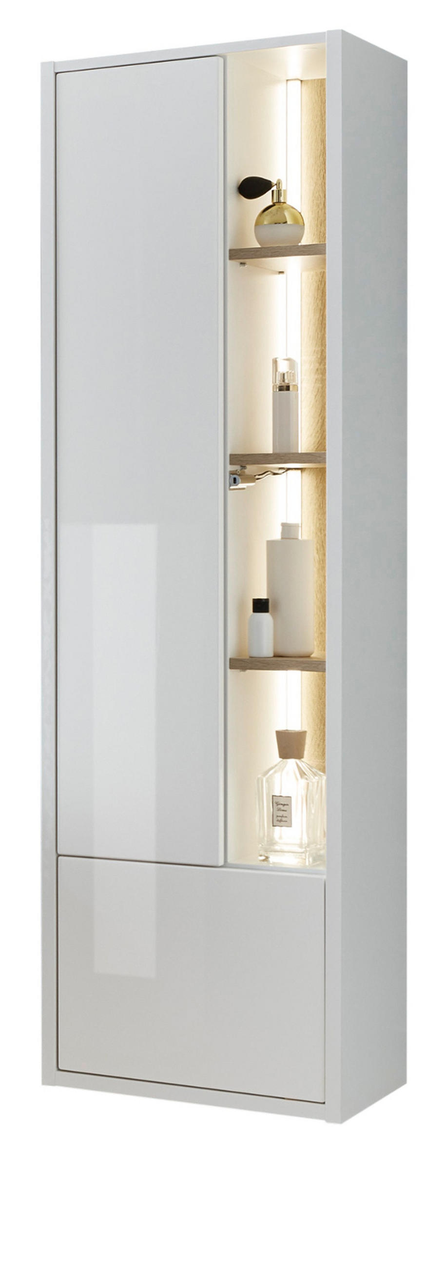 HOCHSCHRANK weiß Hochglanz, Eiche 45 cm, Badschrank inklusive Beleuchtung - Weiß Hochglanz, Holzwerkstoff (45/150/30cm) - Furn.Design