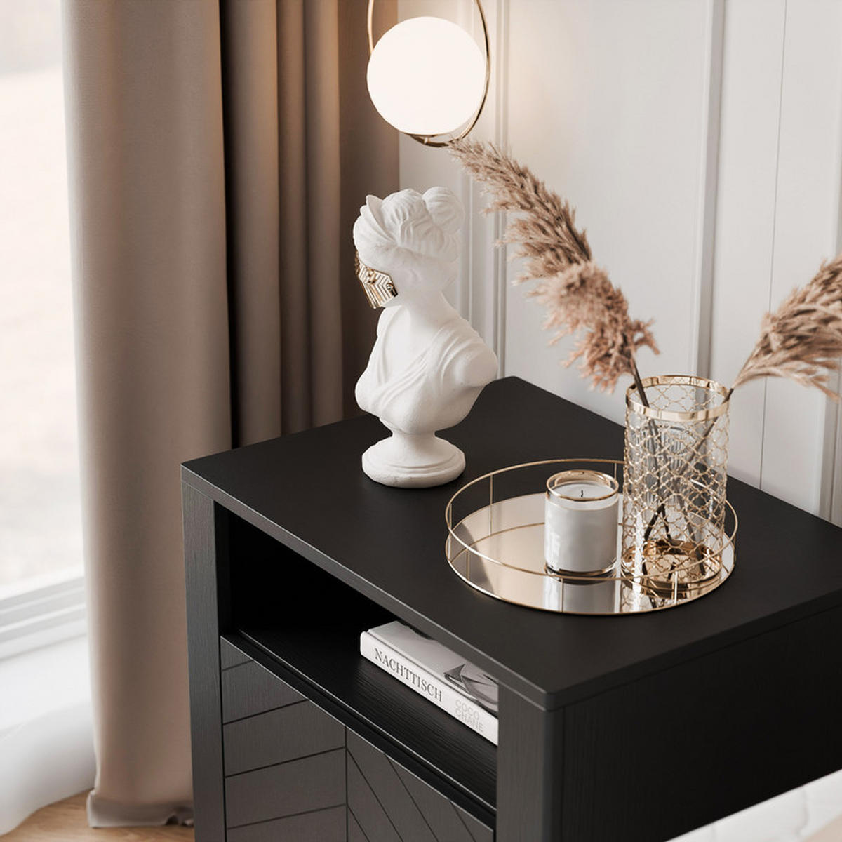 NACHTSCHRANK LORIEN 54/40/57 cm Schwarz - Schwarz, Holzwerkstoff/Metall (54/57.1/40.6cm) - Idohome