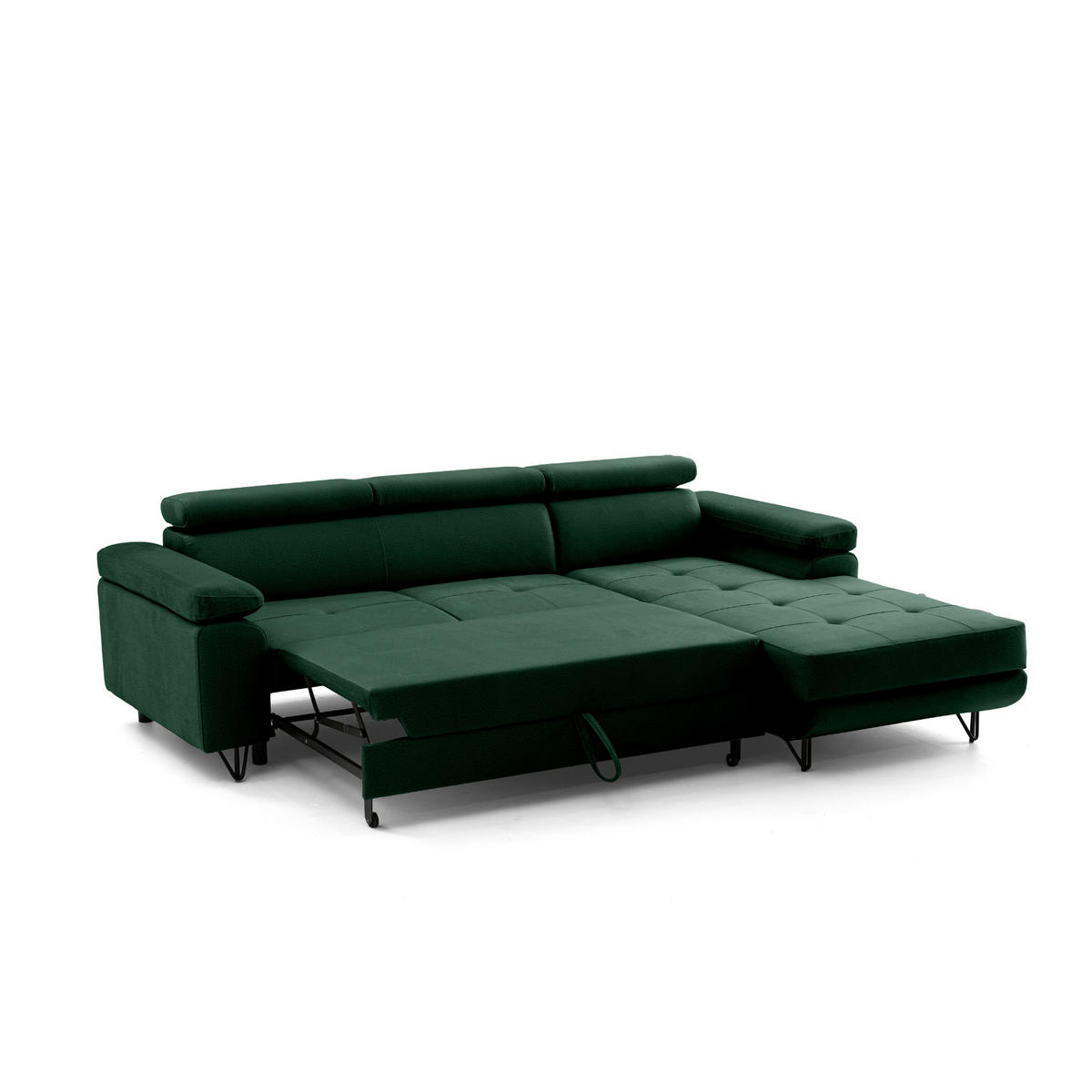 ECKSOFA NORIS L Rechts mit Schlaffunktion 128x203 Velours Dunkelgrün - Dunkelgrün/Schwarz, Holz/Textil (183/250cm) - Muffo