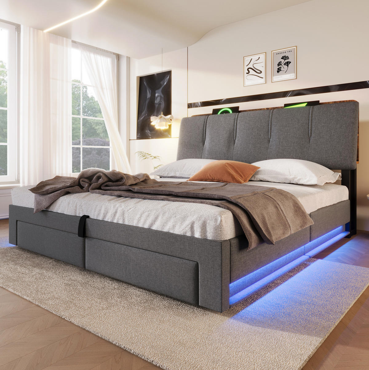 POLSTERBETT mit Bettkasten 140x200 cm Leinen Grau mit USB/Typ-C und LED - Grau, Metall (140/200cm) - Meubliv