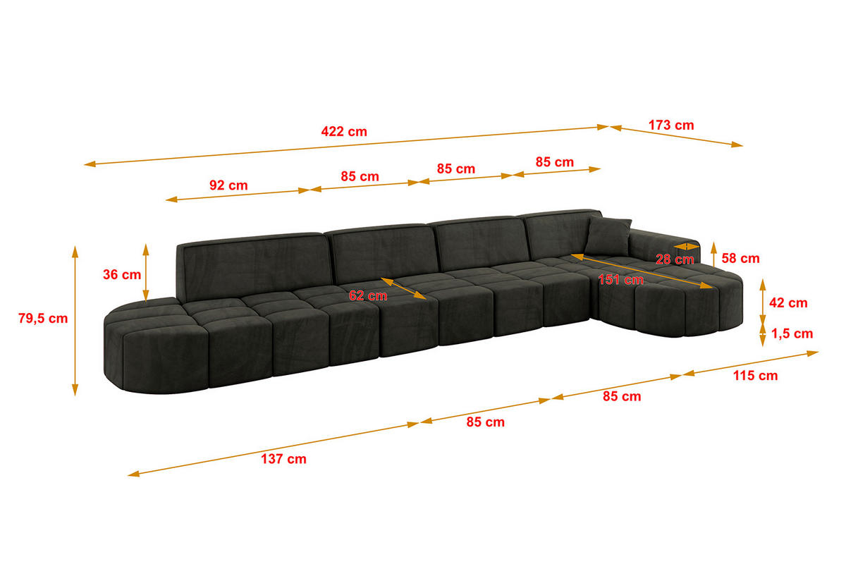 ECKSOFA Ottomane Rechts LIVO-L3 - 422x173x79,5 cm Schwarz - Schwarz, Holzwerkstoff/Textil (422/173cm) - ALTDECOR