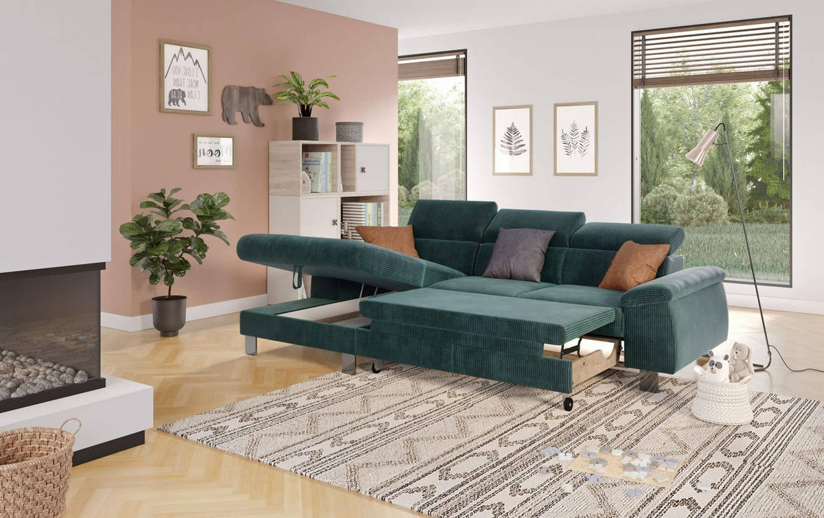 ECKSCHLAFSOFA mit Bettkasten – Cord-Stoff - Chromfarben/Salbeigrün, Holz/Textil (244/166cm) - Cotta