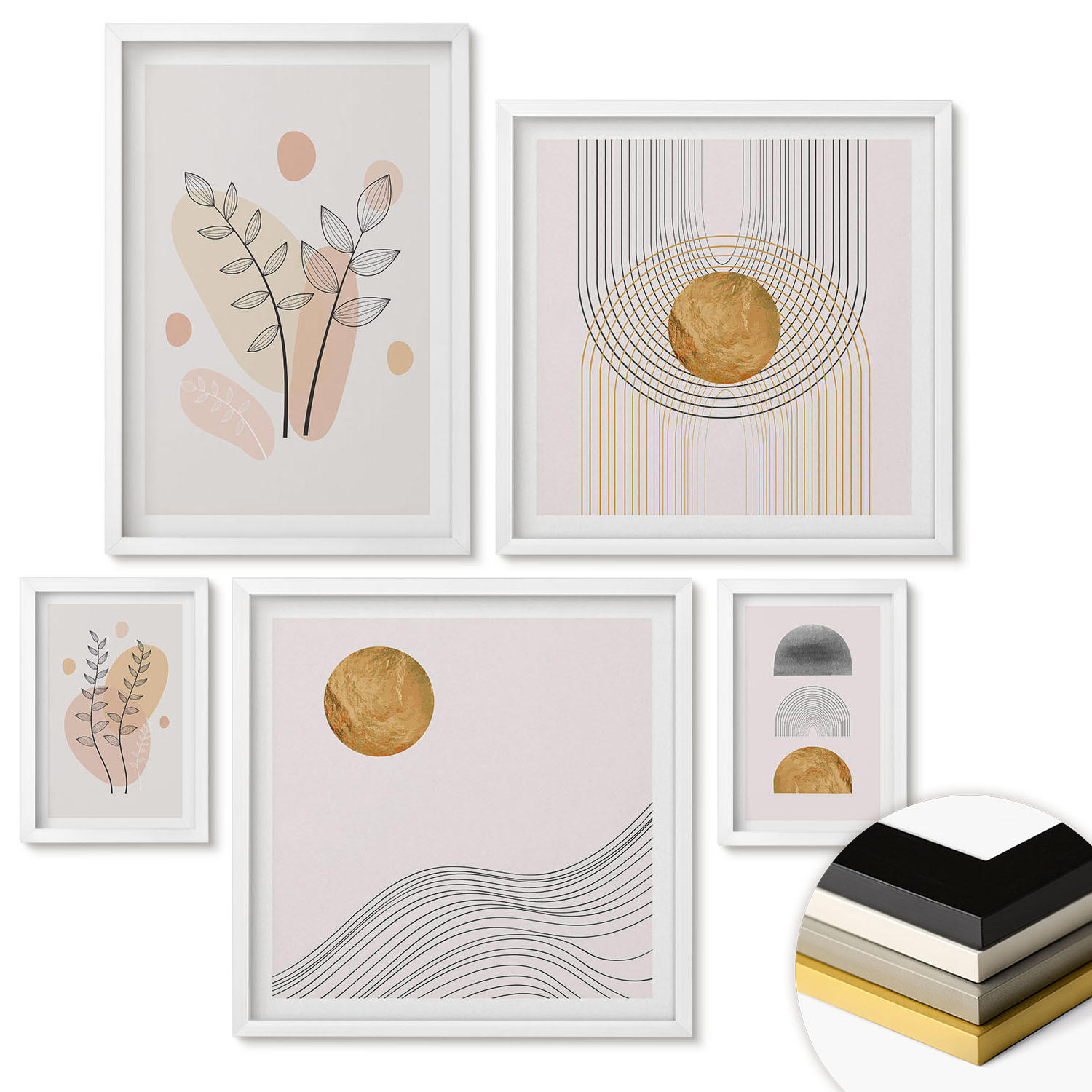 WANDBILDER 5er-Set - 50x50 cm & 20x30 cm & 40x60 cm Weißer Rahmen - Berge, Wasserfälle, Vögel, Blumen - Weiß, Kunststoff (40/60cm) - ArtPrintCave