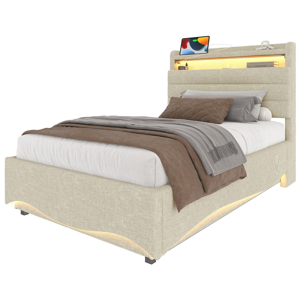 POLSTERBETT 90/200 cm beige aus Leinen mit LED und Stauraum - Beige, Textil (90/200cm) - OKWISH
