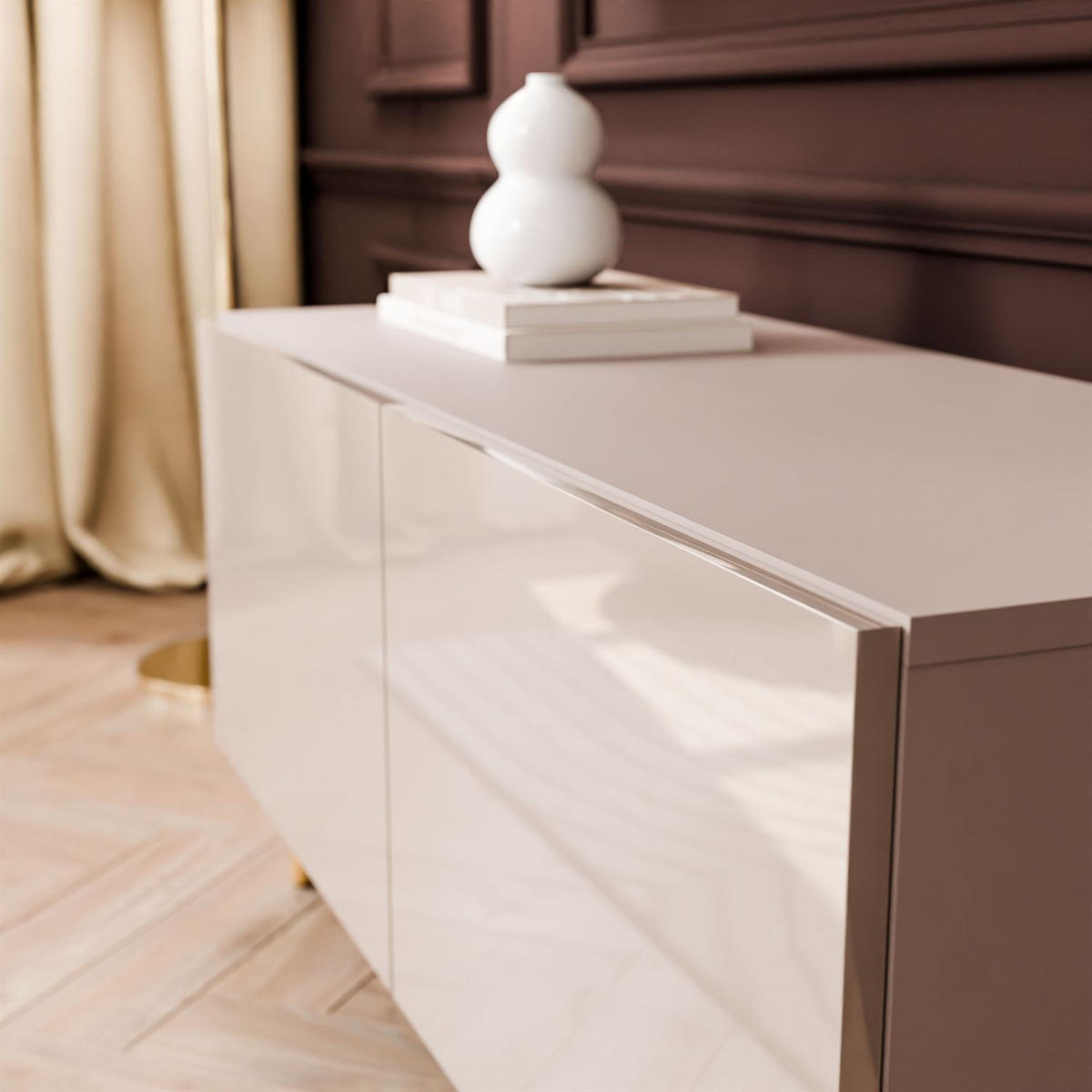 TV-SCHRANK COLGANTE 100 Kaschmir Hochglanz, mit LED, Schräge goldene Füßen - Kaschmir/Goldfarben, Holzwerkstoff (100/49/40cm) - Lookway