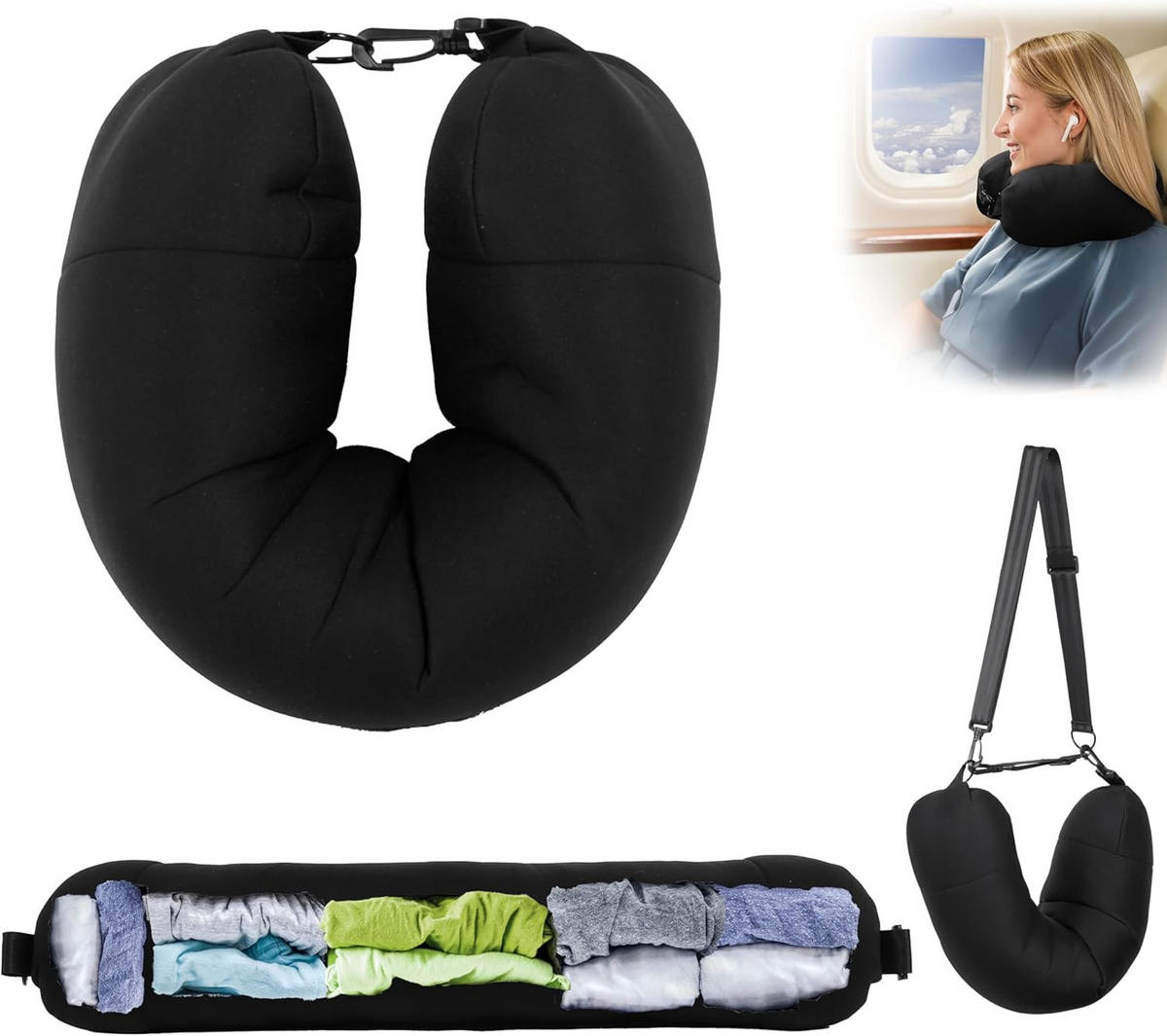 NACKENKISSEN U-Form mit Stauraum Reisekissen - Schwarz, Textil (22/75cm) - Vercart