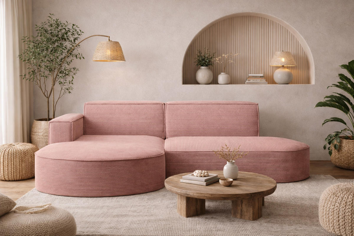 ECKSOFA Designer MODENA STUDIO, Cordstoff Poso, Rosa, Links - Rosa, Holzwerkstoff/Textil (165/236cm) - Kaiser Möbel