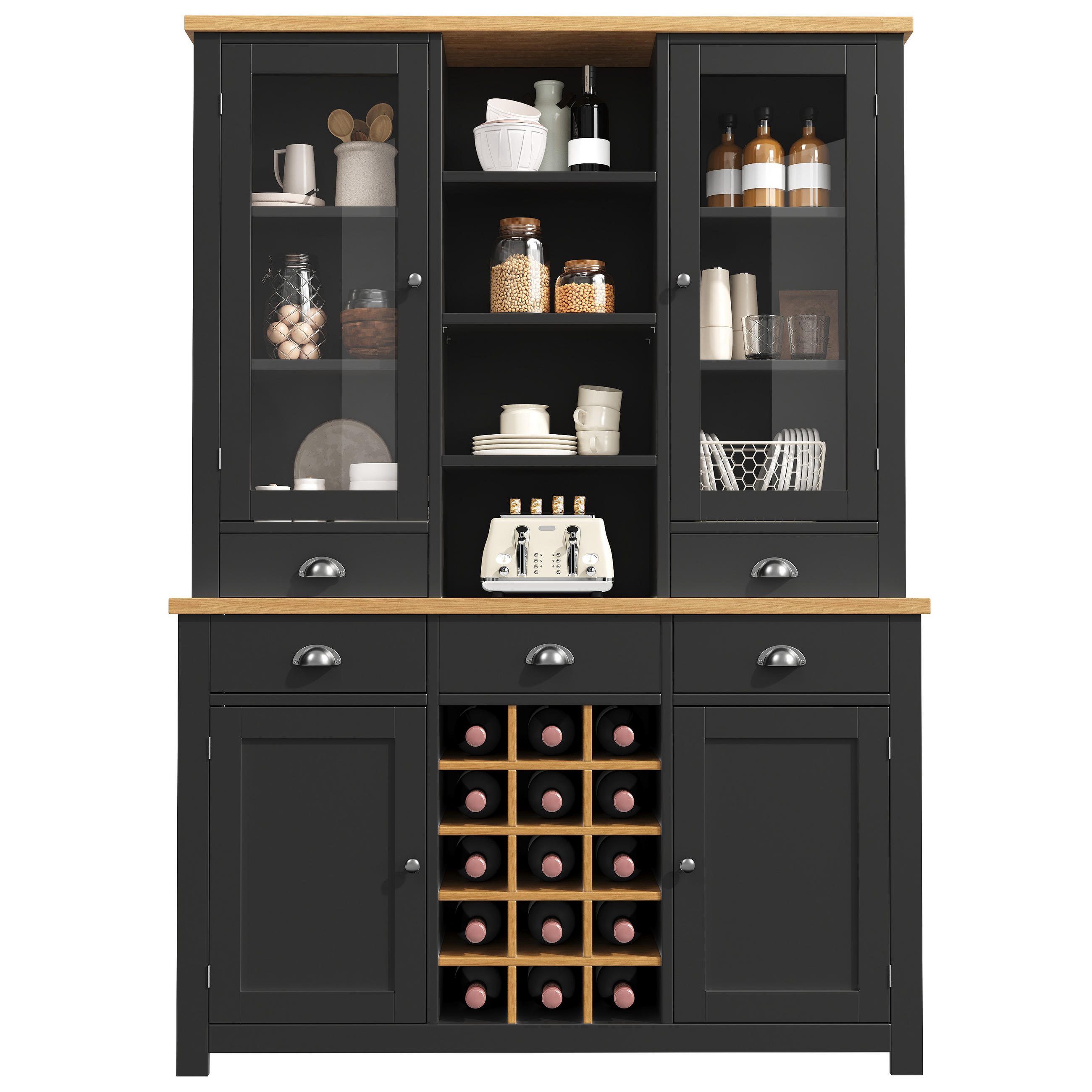 HOCHSCHRANK Glas SoftClose Weinregal Metallgriffe Schwarz - Schwarz, Glas (120/185/40cm) - FLIEKS