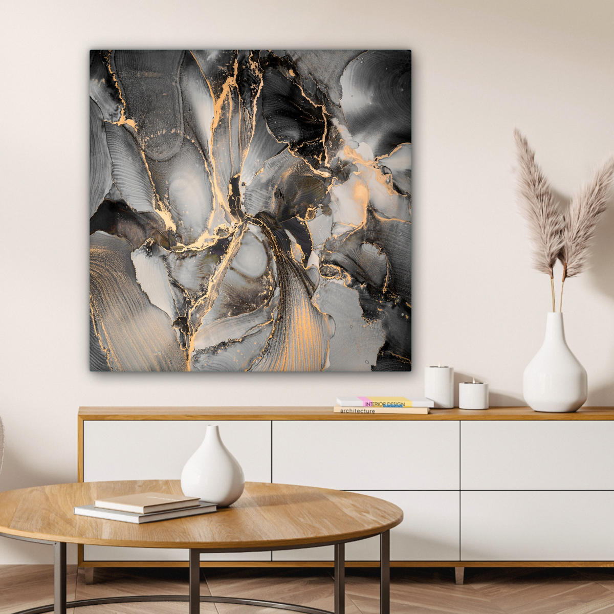 LEINWANDBILD Grau - Luxus - Gold - Marmor 90x90 cm - Dunkelgrau, Textil (90/90cm) - MuchoWow