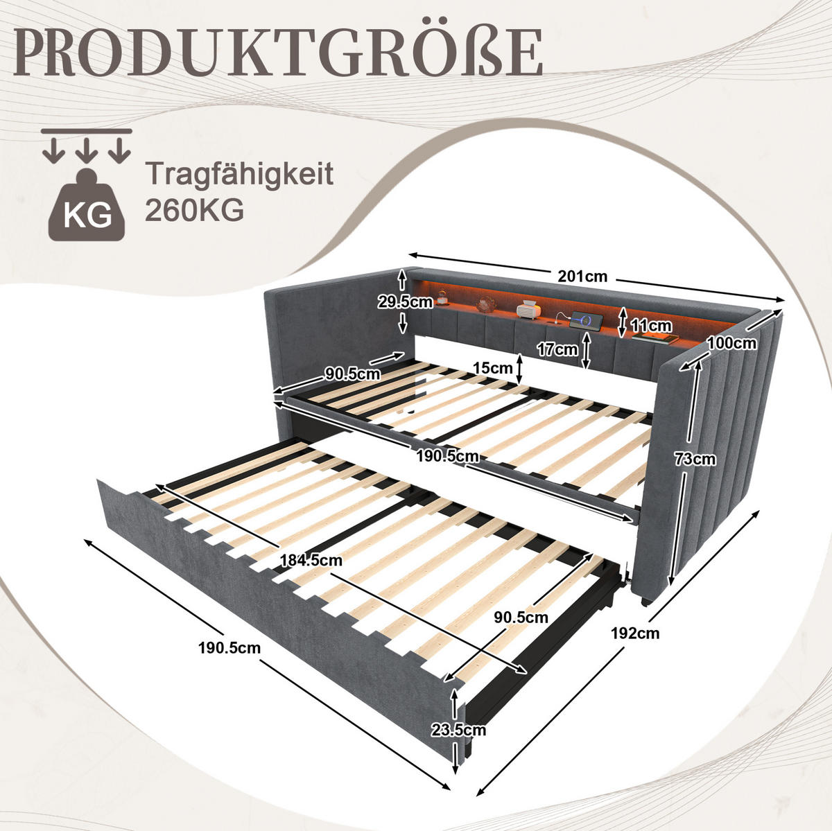 BETT mit Stauraum & Ausziehbett mit USB-C Anschluss und LED-Beleuchtung Beige 196/82-144/85 cm - Dunkelgrau, Textil - OKWISH