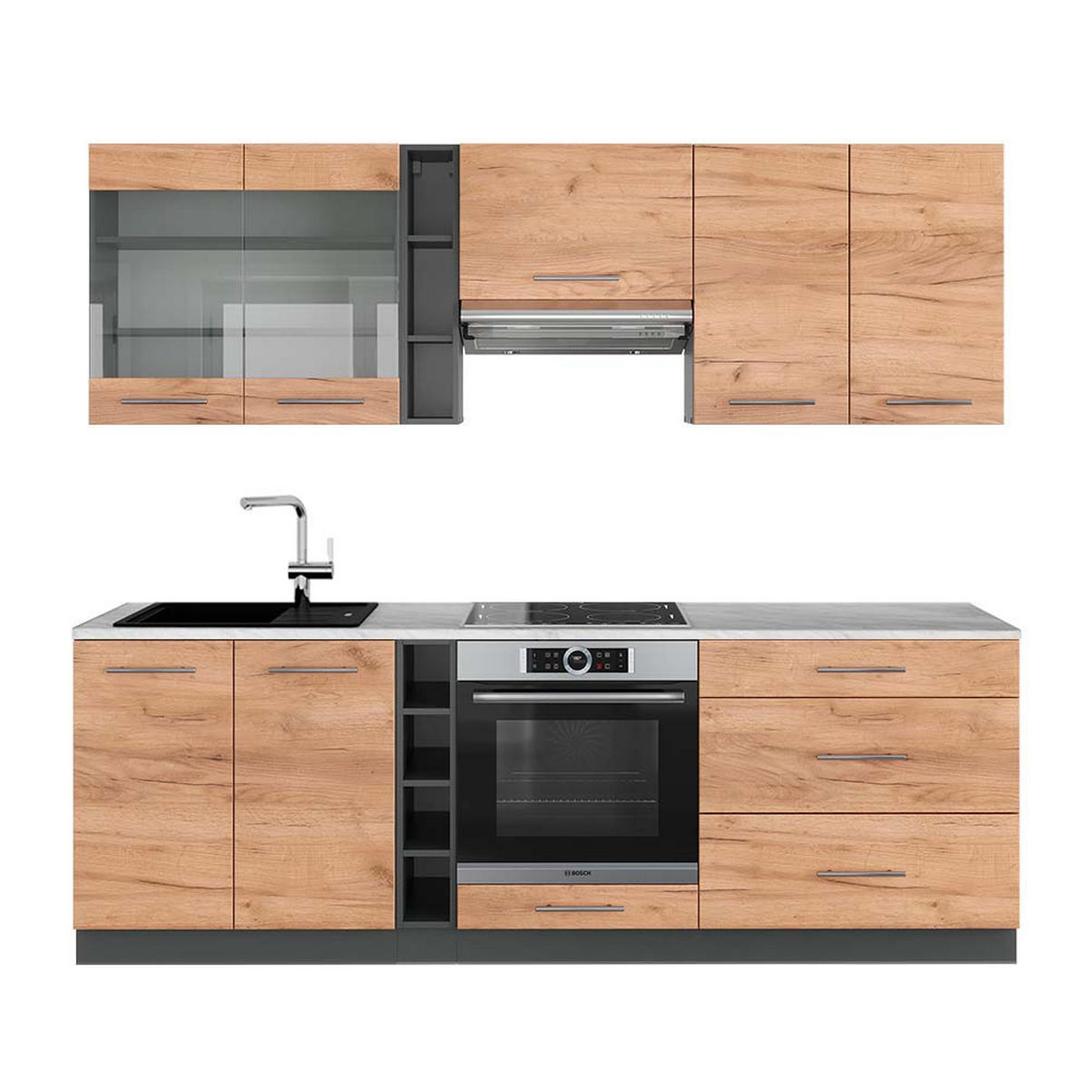 KÜCHENZEILE Fame-Line Goldkraft Eiche/Anthrazit 235 cm, AP Marmor - Honigeiche/Anthrazit, Holzwerkstoff (235/81.6/60cm) - Vicco