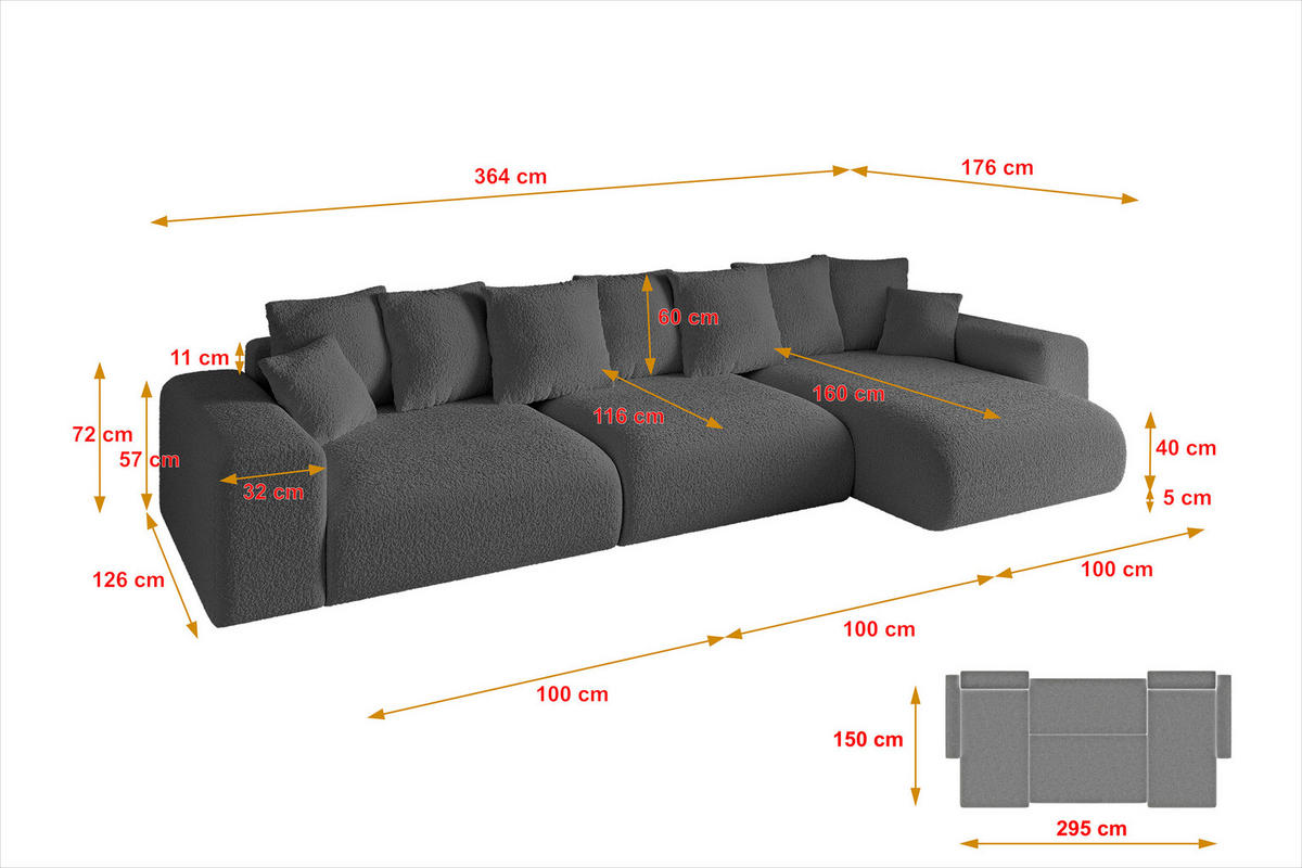 ECKSOFA Ottomane rechts ESKAR-L2 364x176x72 Platinfarben Bouclé - Platinfarben/Schwarz, Holzwerkstoff/Kunststoff (176/364cm) - ALTDECOR