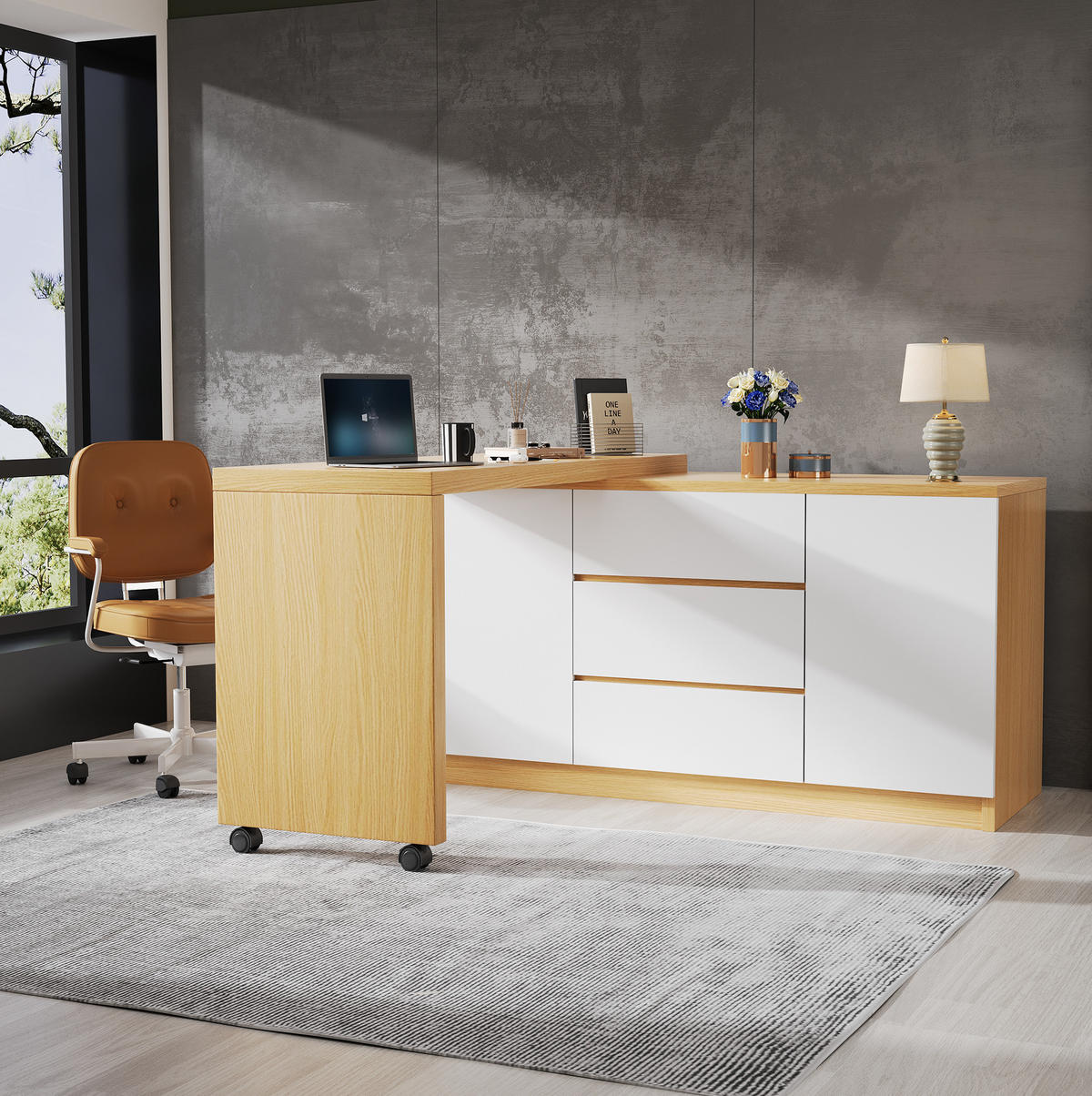 SCHREIBTISCH aus Spanplatte 120x50x76,5 cm Eiche/Weiß mit drehbarer Tischplatte und Stauraum - Weiß, Holzwerkstoff (120/76.5/50cm) - IVMEU
