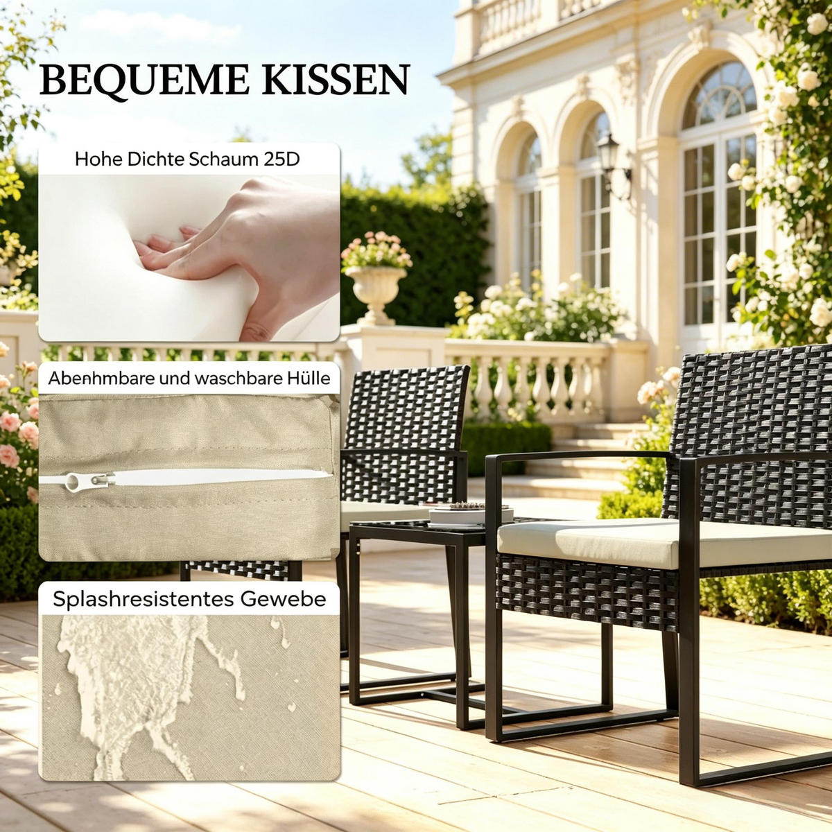 GARTENMÖBEL, 3-teilig, schwarz-braun - Schwarz, Kunststoff - Vallsero