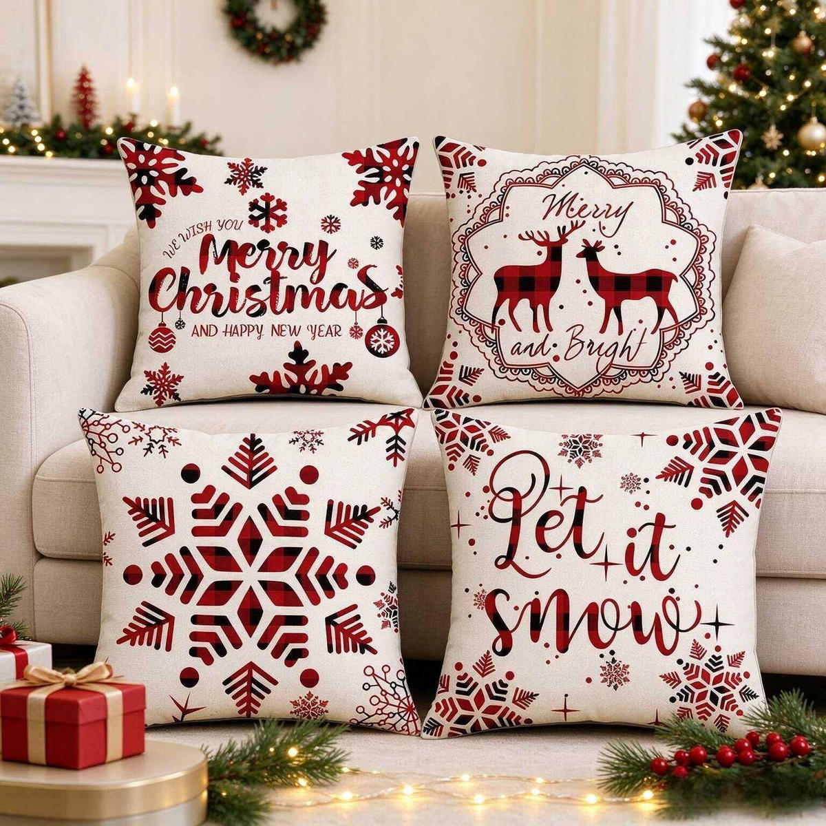 KISSENBEZUG – Weihnachtskissenbezug (Kissenfüllung nicht enthalten) – 45 x 45 cm – Multicolor(vier Stück) - Multicolor, Textil (45/45cm)