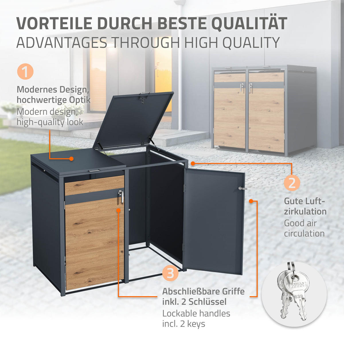 MÜLLTONNENBOX 4er Anthrazit-Eichenoptik - Braun, Metall (80/116.3/264cm) - ML-DESIGN