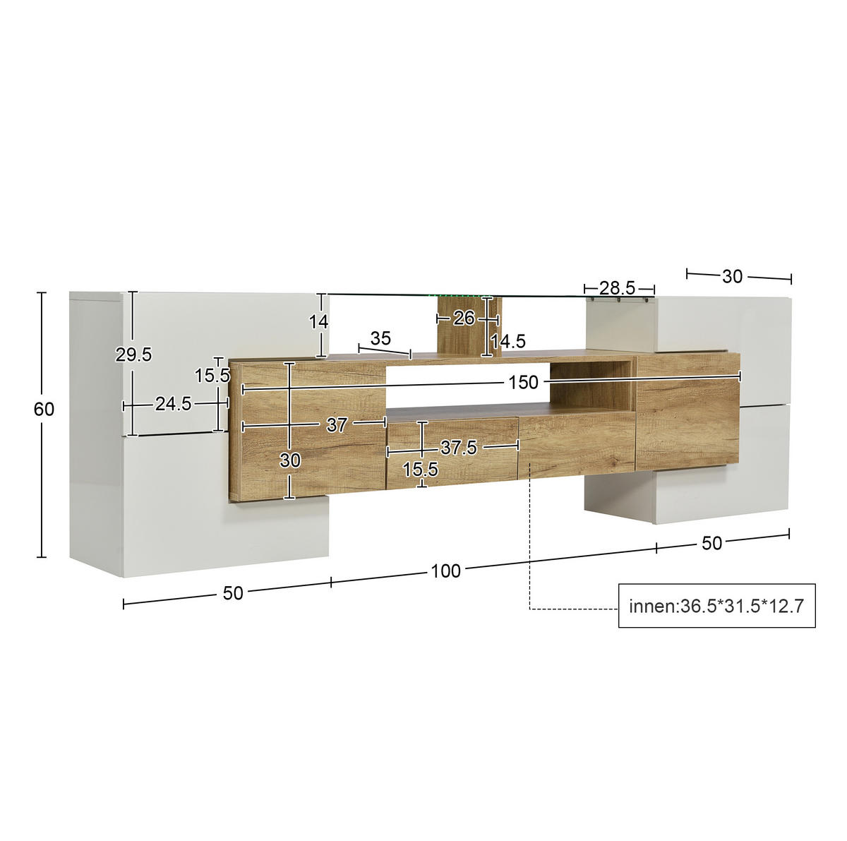 LOWBOARD 200/35/60 cm in Natur und Hochglanzweiß aus MDF mit LED-Beleuchtung - Weiß, Holzwerkstoff (30/60/200cm) - OKMYHOME
