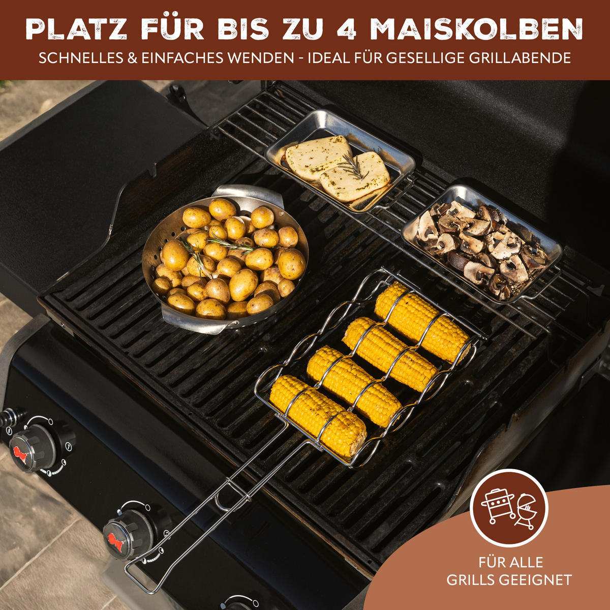 MAISKOLBEN-GRILLHALTER, silber, Edelstahl - Edelstahlfarben, Metall (17.5/17.5/55cm) - bremermann