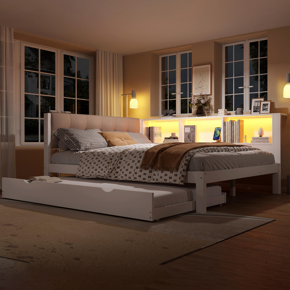 TAGESBETT 140/200 cm weiß aus Kiefernholz mit ausziehbarem Bett und dimmbarer LED-Beleuchtung - Weiß, Holz (140/200cm) - OKWISH