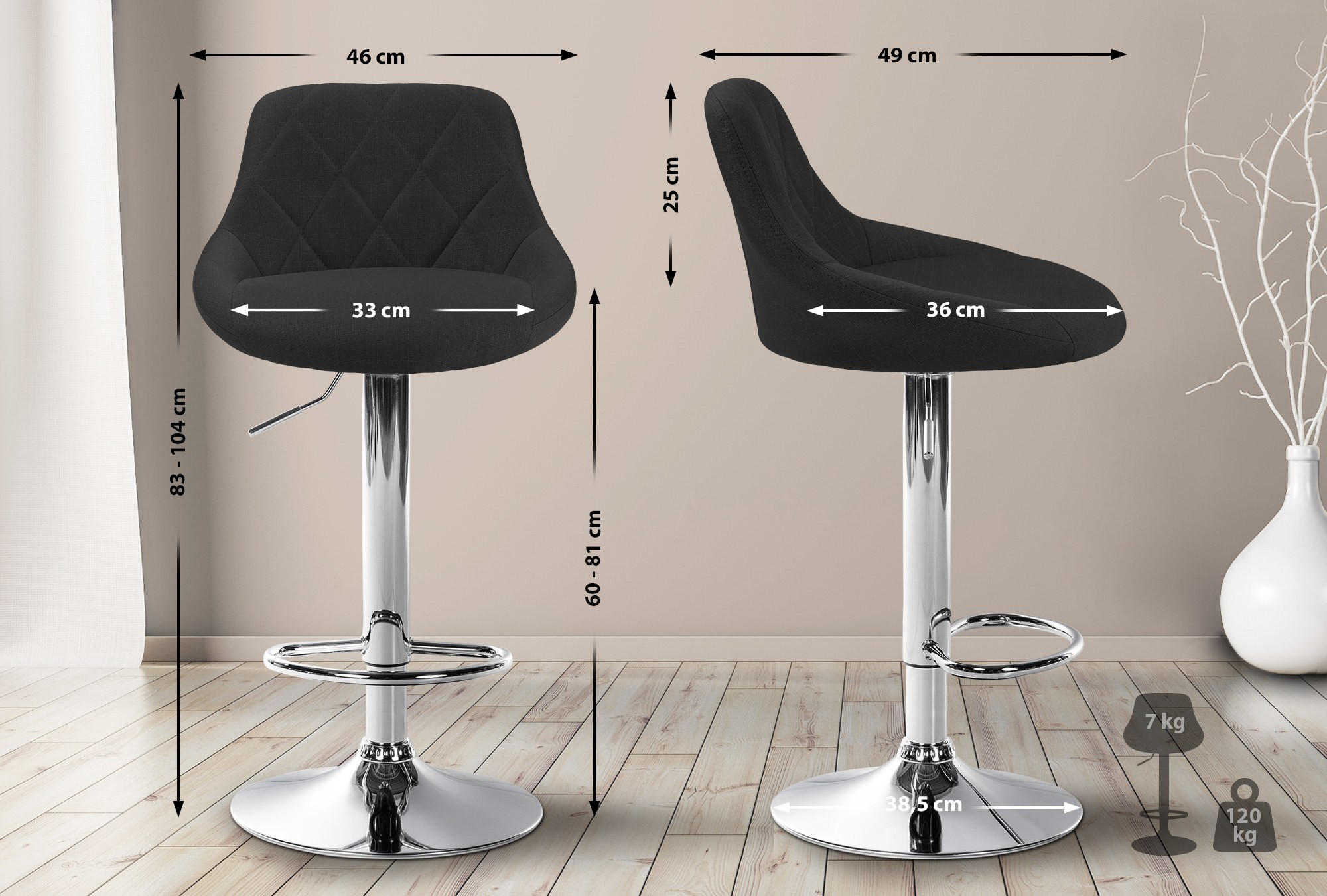 BARHOCKER Stoff Schwarz - Chromfarben/Schwarz, Textil/Metall (46/83/49cm) - CLP