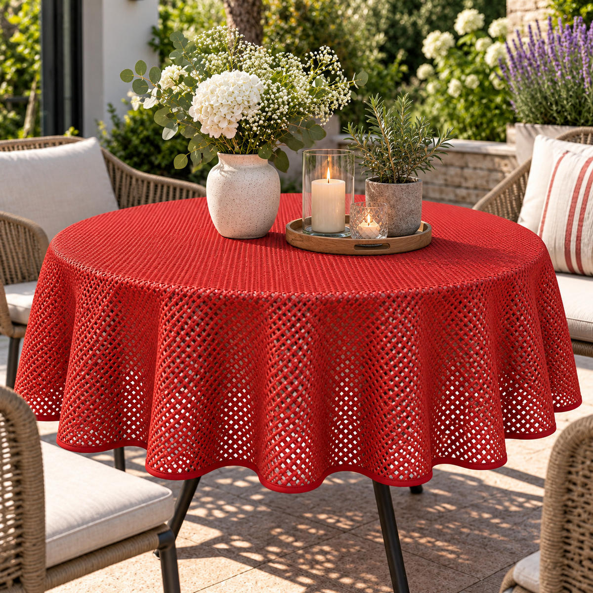 TISCHDECKE Gartentischdecke Karo Rot 160 cm rund - Rot, Kunststoff (160cm) - TiborTex