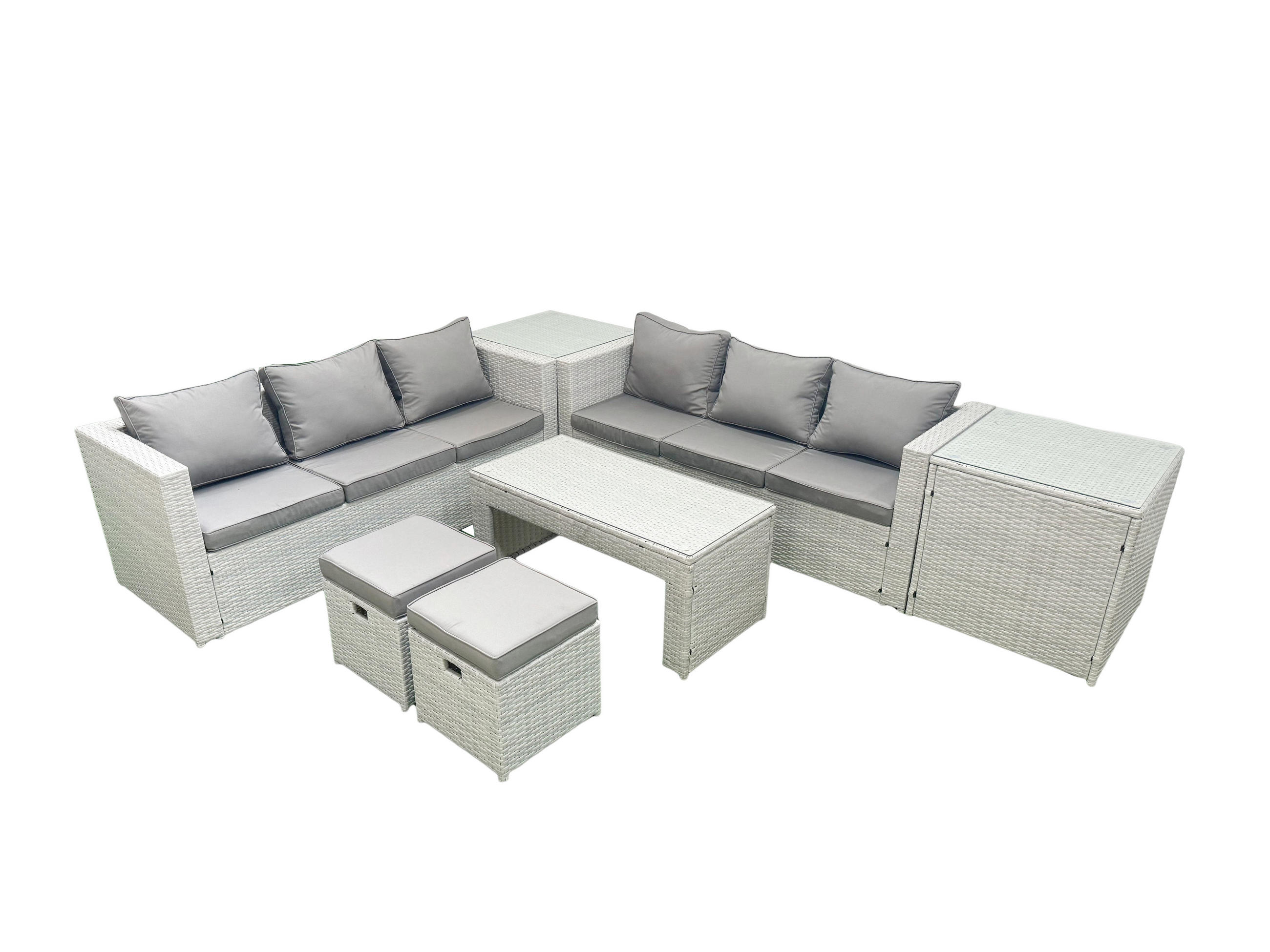 GARTENSOFA hohe Rückenlehne Polyrattan Hellgrau-Mix 8-Sitzer - Hellgrau/Grau, Glas/Kunststoff - Fimous