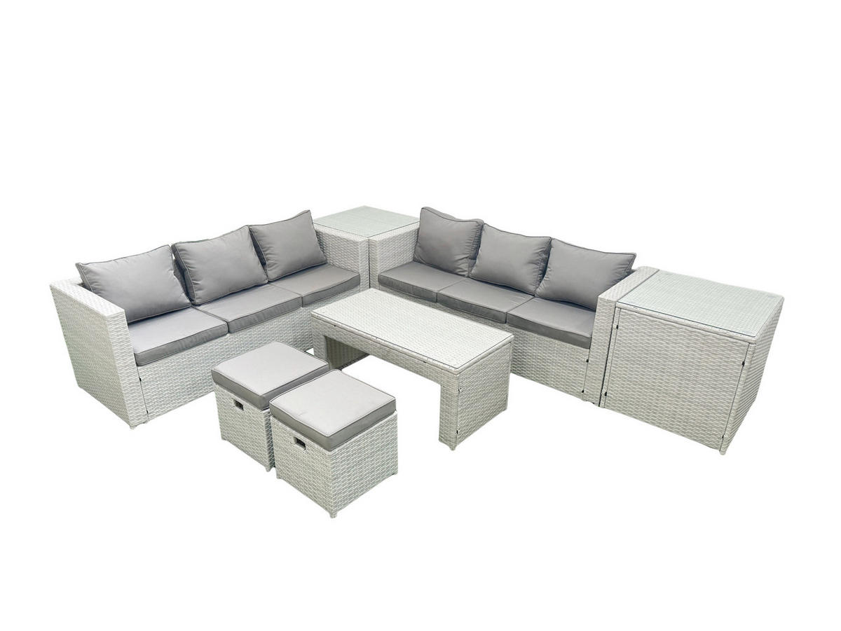 GARTENSOFA hohe Rückenlehne Polyrattan Hellgrau-Mix 8-Sitzer - Hellgrau/Grau, Glas/Kunststoff - Fimous