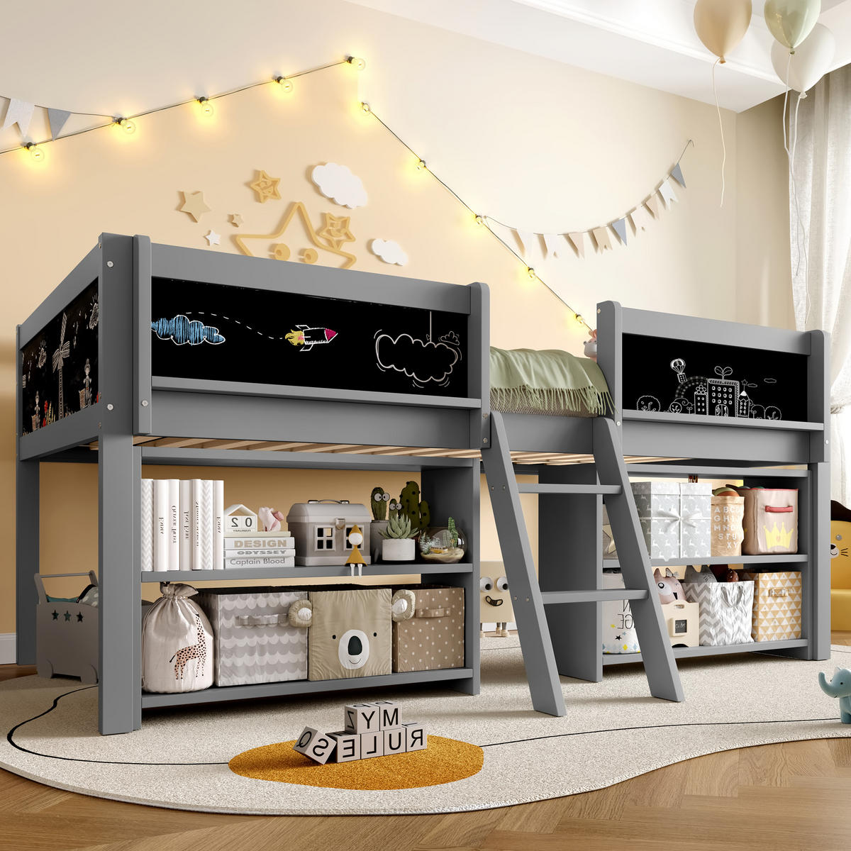 HALBHOHES BETT 90x200cm Grau Kiefer Einlegeböden Geländer Leiter - Grau, Holz (90/200cm) - FLIEKS