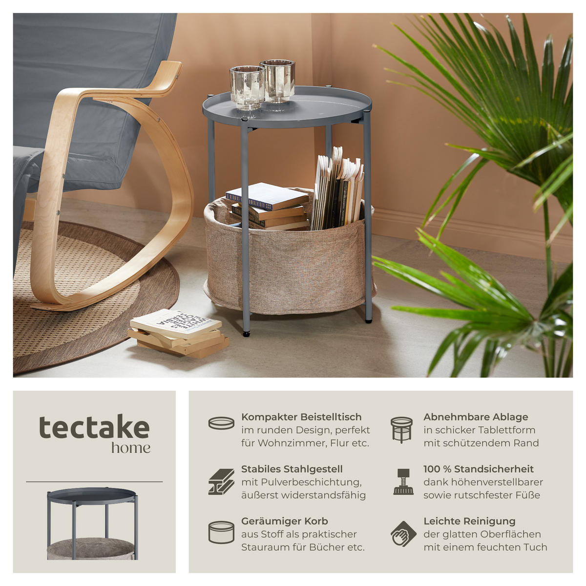 BEISTELLTISCH Canterbury,45,5 x 45,5 x 53 cm,dunkelgrau - Dunkelgrau, Textil (45.5/45.5/53cm) - tectake