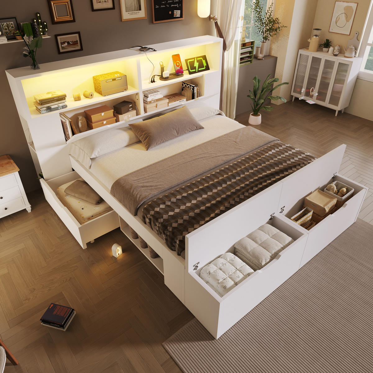 HOLZBETT 140/200 cm mit LED-Beleuchtung, USB-C/USB-Anschlüssen, Stauraum, Bettbank und Schubladen, Weiß - Weiß, Holzwerkstoff (140/200cm) - Redom