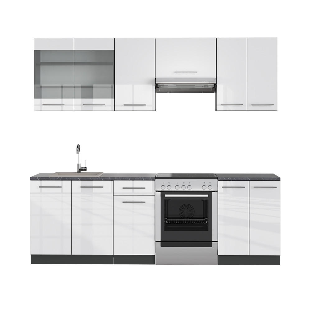 KÜCHENZEILE Fame-Line Weiß Hochglanz/Anthrazit 240 cm ohne AP - Weiß Hochglanz/Anthrazit, Holzwerkstoff (240/81.6/46cm) - Vicco