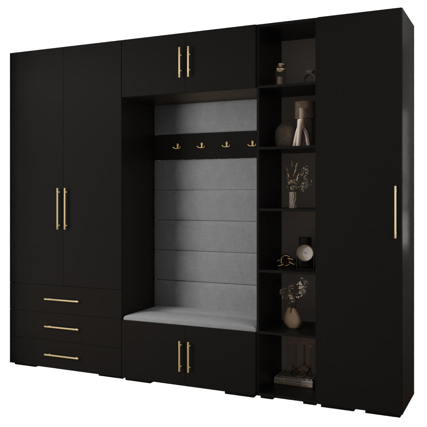 Abiks Möbel Garderoben-Set Schwarz, Grau, Gold 290x236.7x47 cm