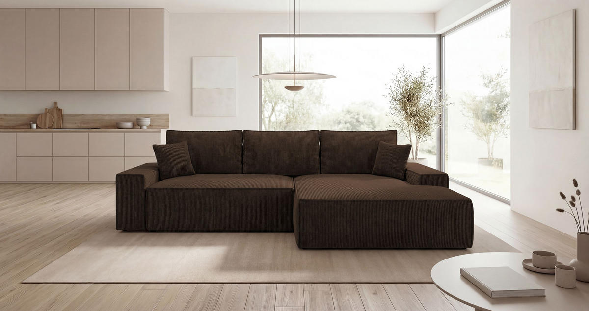 ECKSOFA VERONA rechts braun Cord Poso 6 - Schlaffunktion, Bettkasten - Braun, Textil (280/184cm) - Cornero