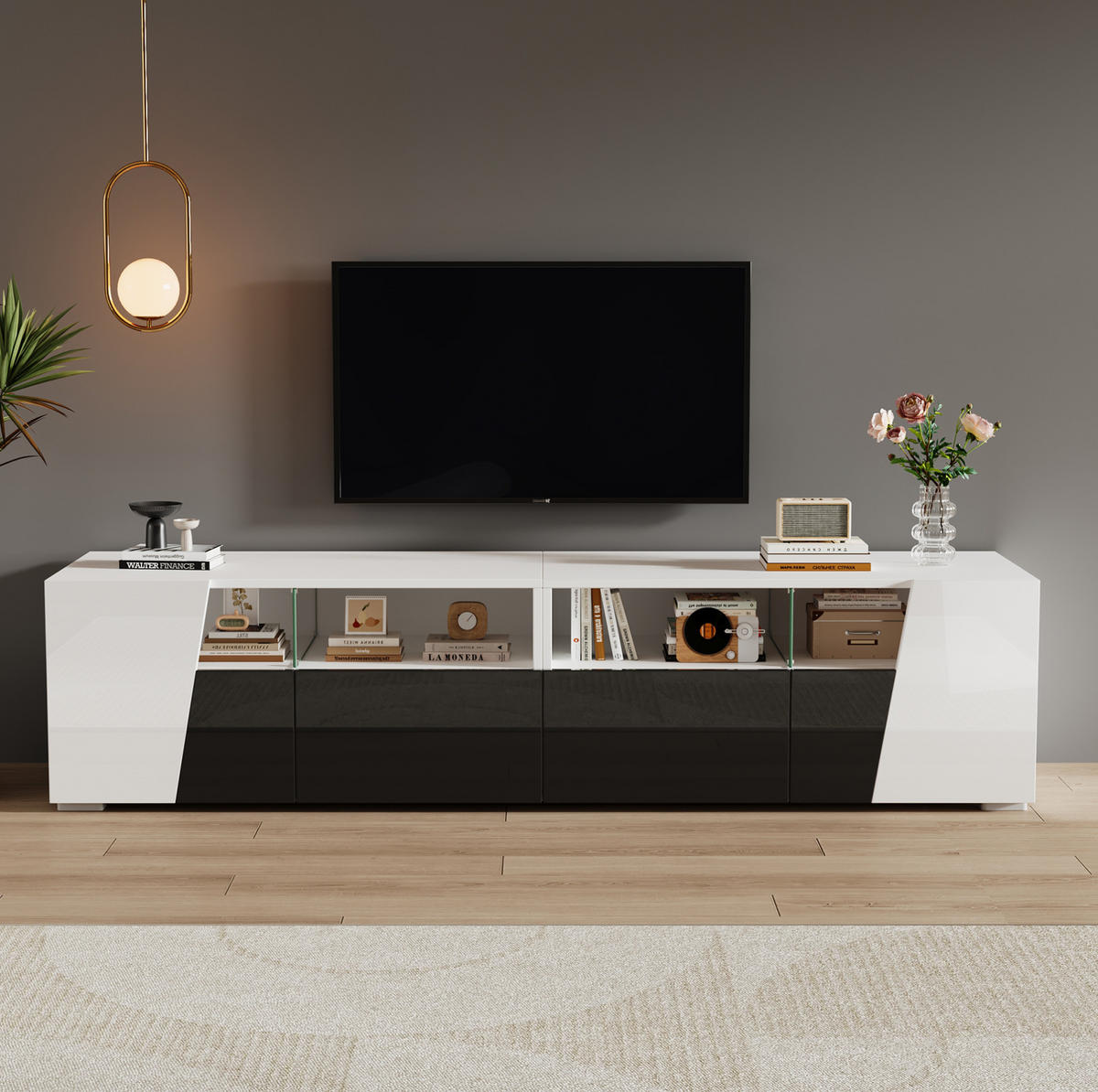 TV-ELEMENT mit LED 180 x 38,5 x 45 cm Hochglanz Schwarz/Weiß - Weiß, Glas (38.5/45/180cm) - Beauniv