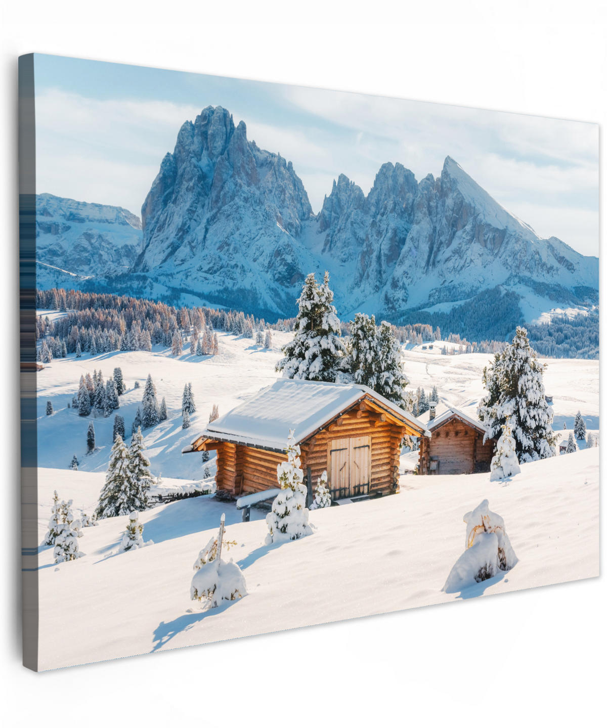 LEINWANDBILD Winter - Hütte - Berge - Aussicht - Schnee Wandbilder 80x60 cm - Eichefarben, Textil (80/60cm) - MuchoWow