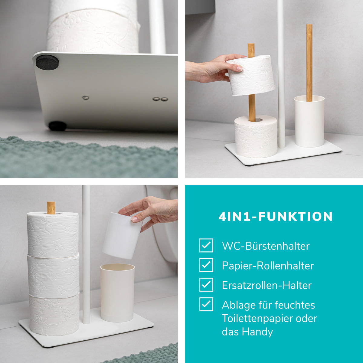 STAND-WC-GARNITUR 4in1, Bambus/Metall weiß - Weiß, Metall (30/68/18cm) - eluno