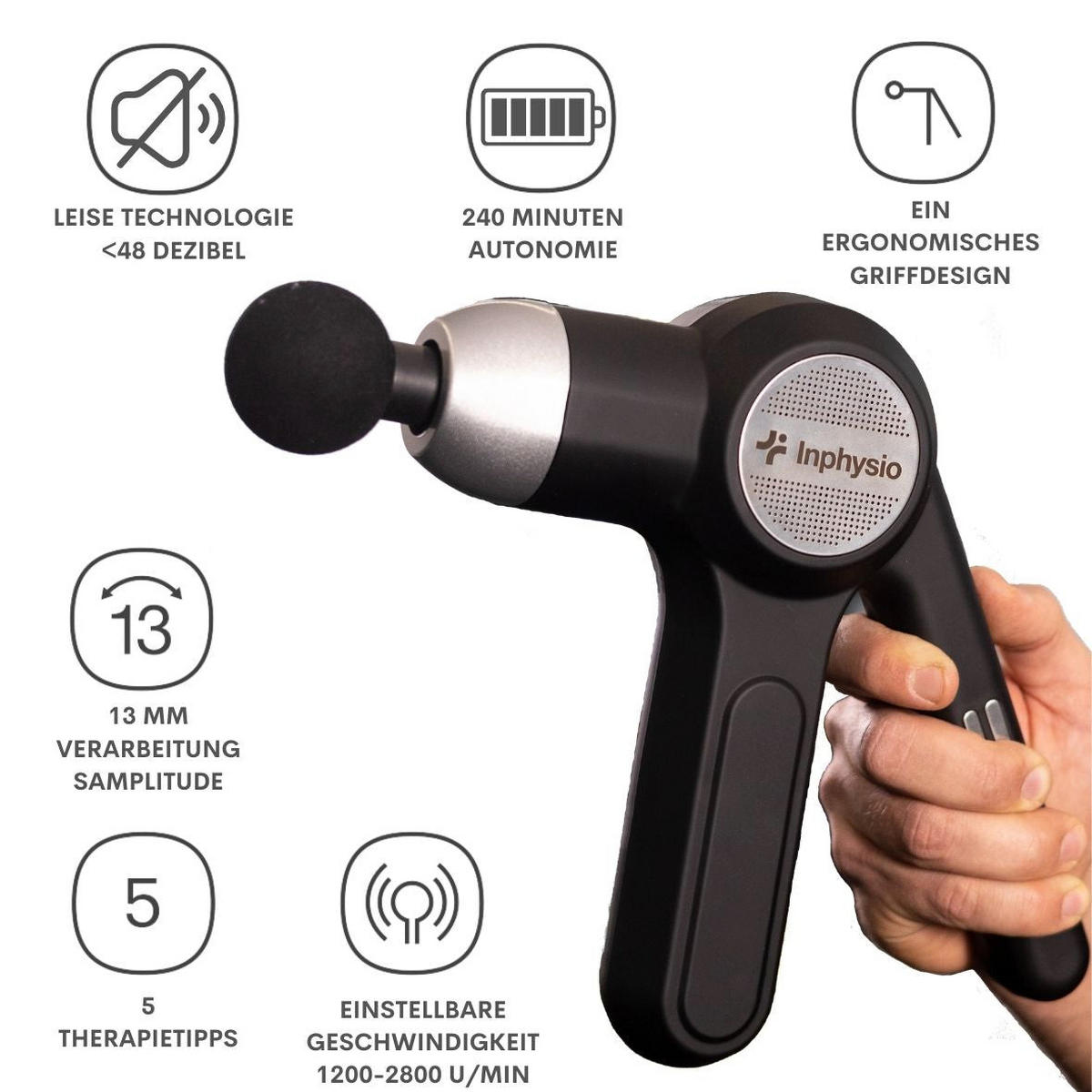 MASSAGEPISTOLE FÜR PERKUSSIONSTHERAPIE „MACMASSAGE 59“ - Schwarz, Kunststoff (17/27cm) - INPHYSIO